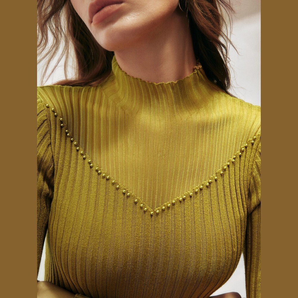 Olive Green Ribbed Knit Beaded Trim Stand Collar Slim Fit Sweater